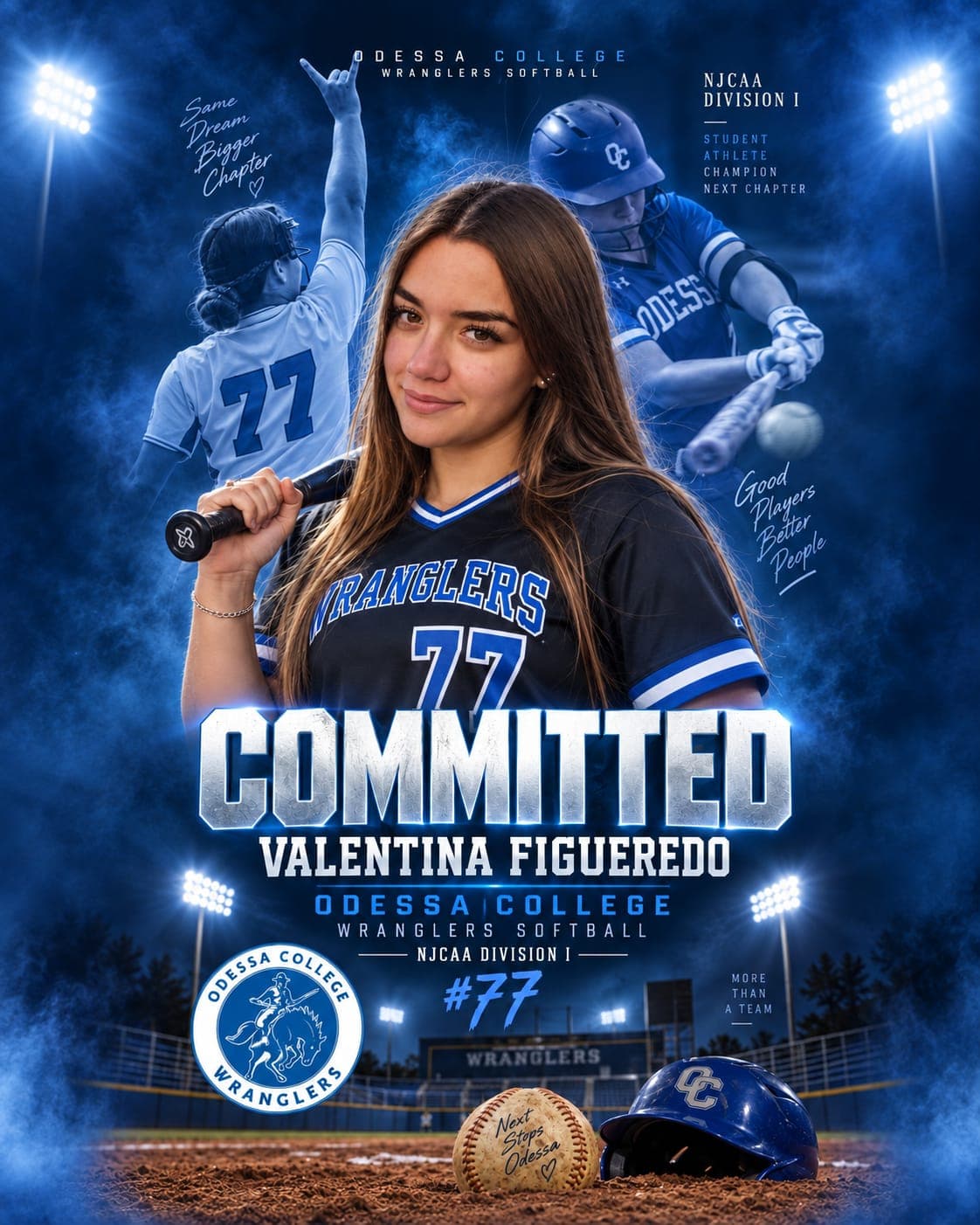 “Committed” poster of Valentina Figueredo, number 77, in the Odessa College Wranglers jersey: softball, NJCAA Division I.